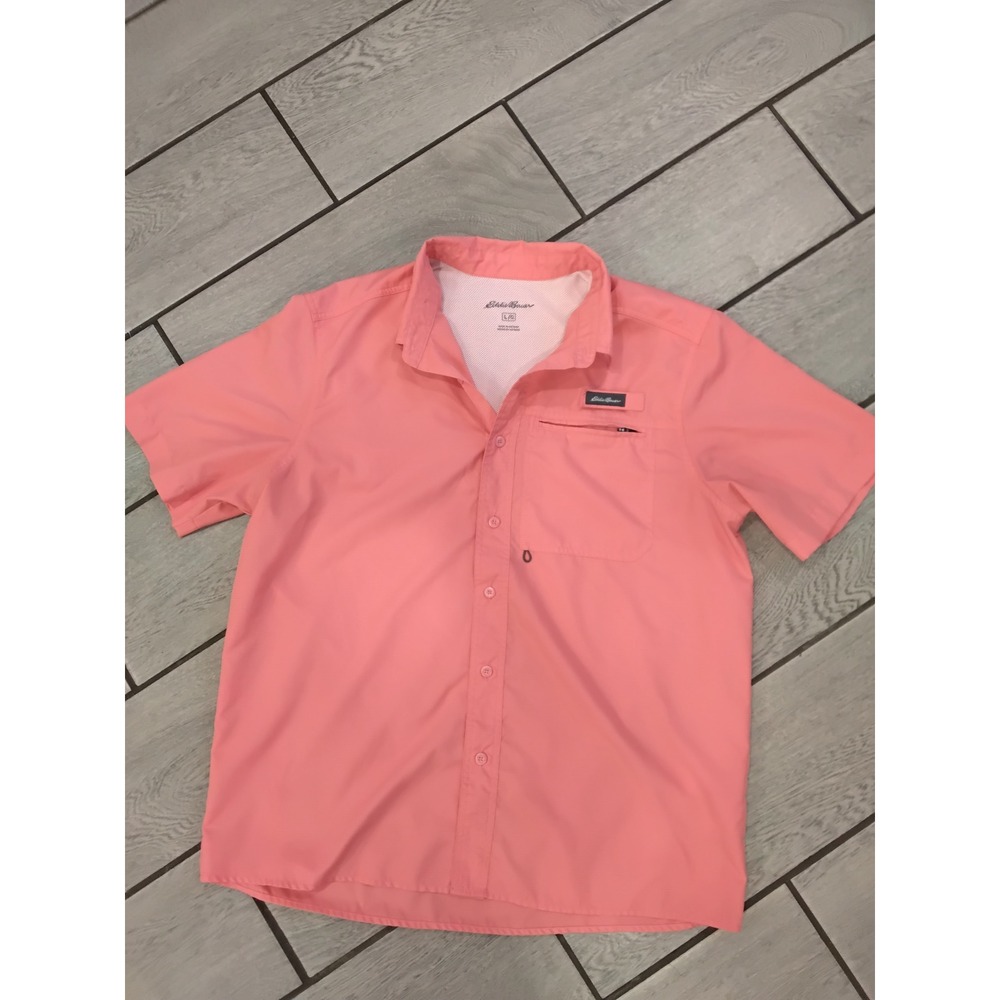 Eddie Bauer Mens Large Salmon Pink Short Sleeve Fishing Shirt Vented Mesh Back